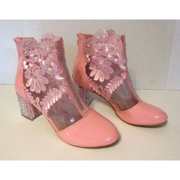 Dodo Heels Patent Leather Pink Lace Ankle Shoes Flower Mesh Chunky Heels Size 9 - Picture 4 of 10